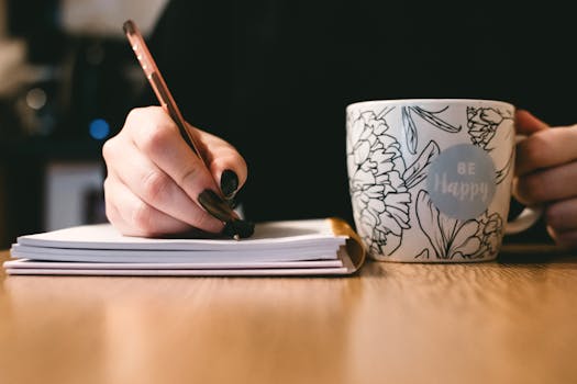 pexels photo 851213 851213 Person writing in a notebook with a floral ceramic mug on a wooden desk.