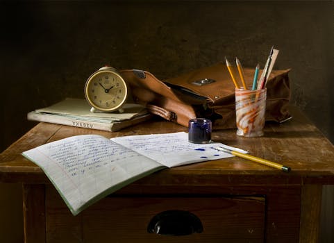 still life school retro ink 159618 159618 Classic wooden desk with writing materials, vintage clock, and a leather bag.